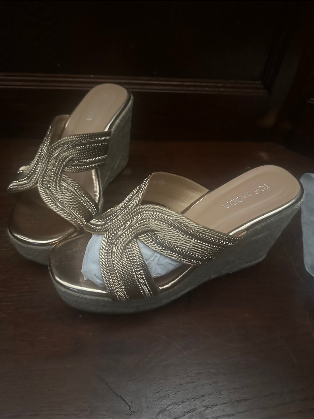 TOP Moda Metallic Gold Braided Wedge Slide Sandals